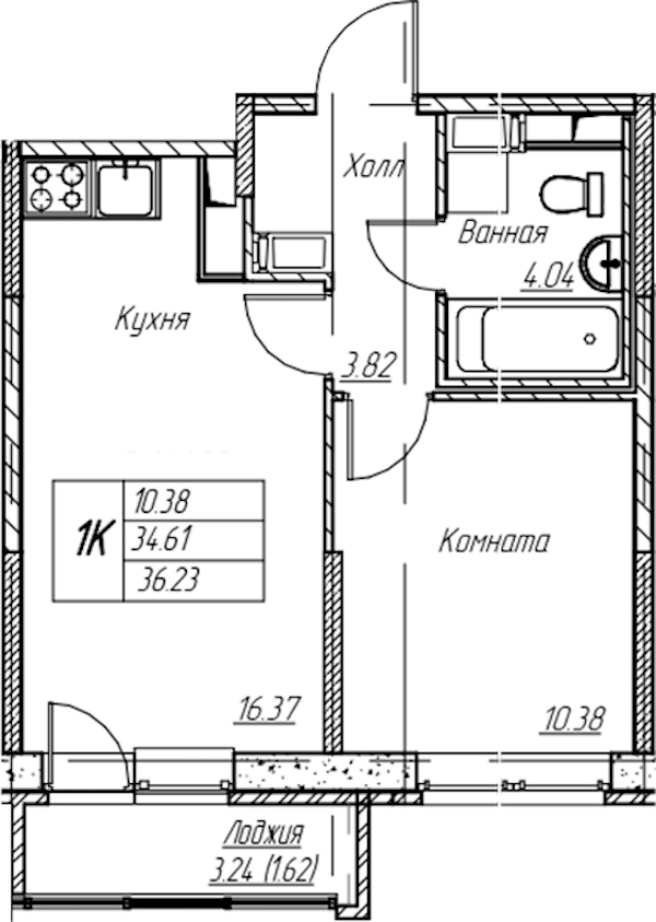 1-комнатная квартира 36.23 м², 7/22 эт., ЖК «Парк-квартал Юнтолово»